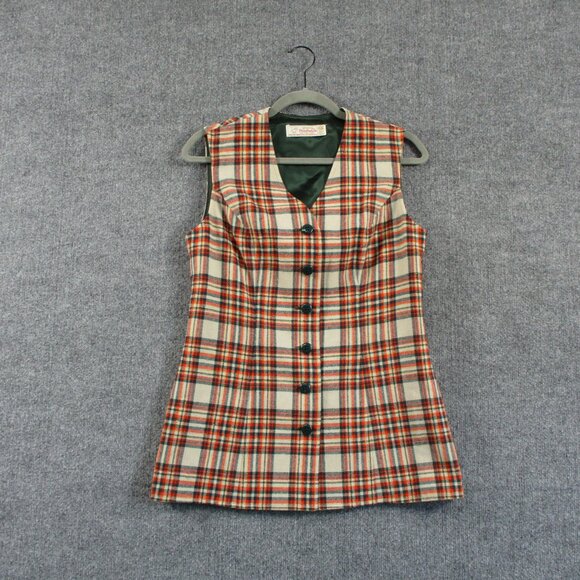 VINTAGE Pendleton Vest Womens 11 12 Orange Green Plaid Wool USA Made 70s Jrs - Picture 1 of 12